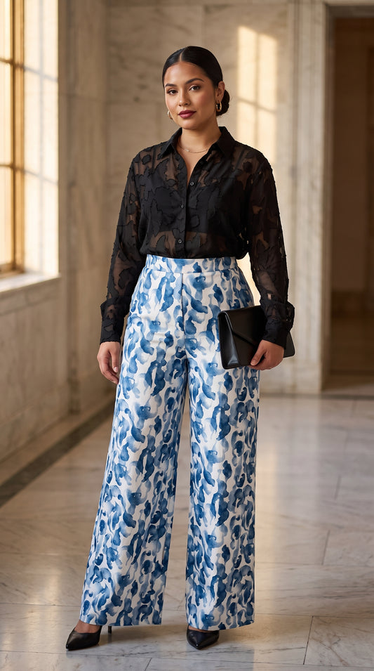 Blusa negra encaje casual chic + Pantalón palazzo floral azul /OUTEV67