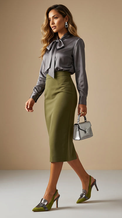 Zapatos Tacón Verde Oliva y Plata / Z260116