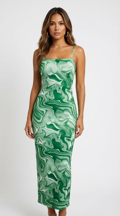 Vestido verde marmoleado midi / L36A