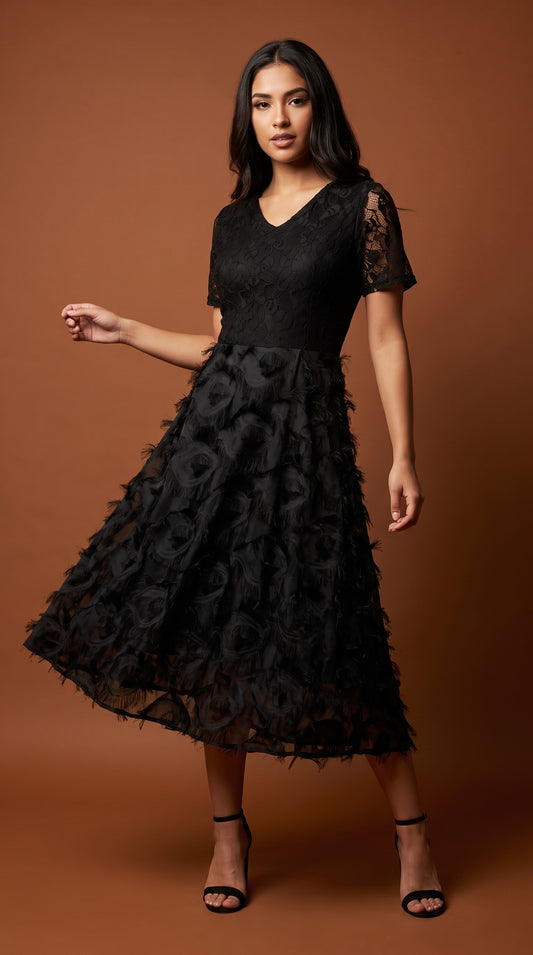 Vestido Negro Tul Elegante Fiesta / MV24