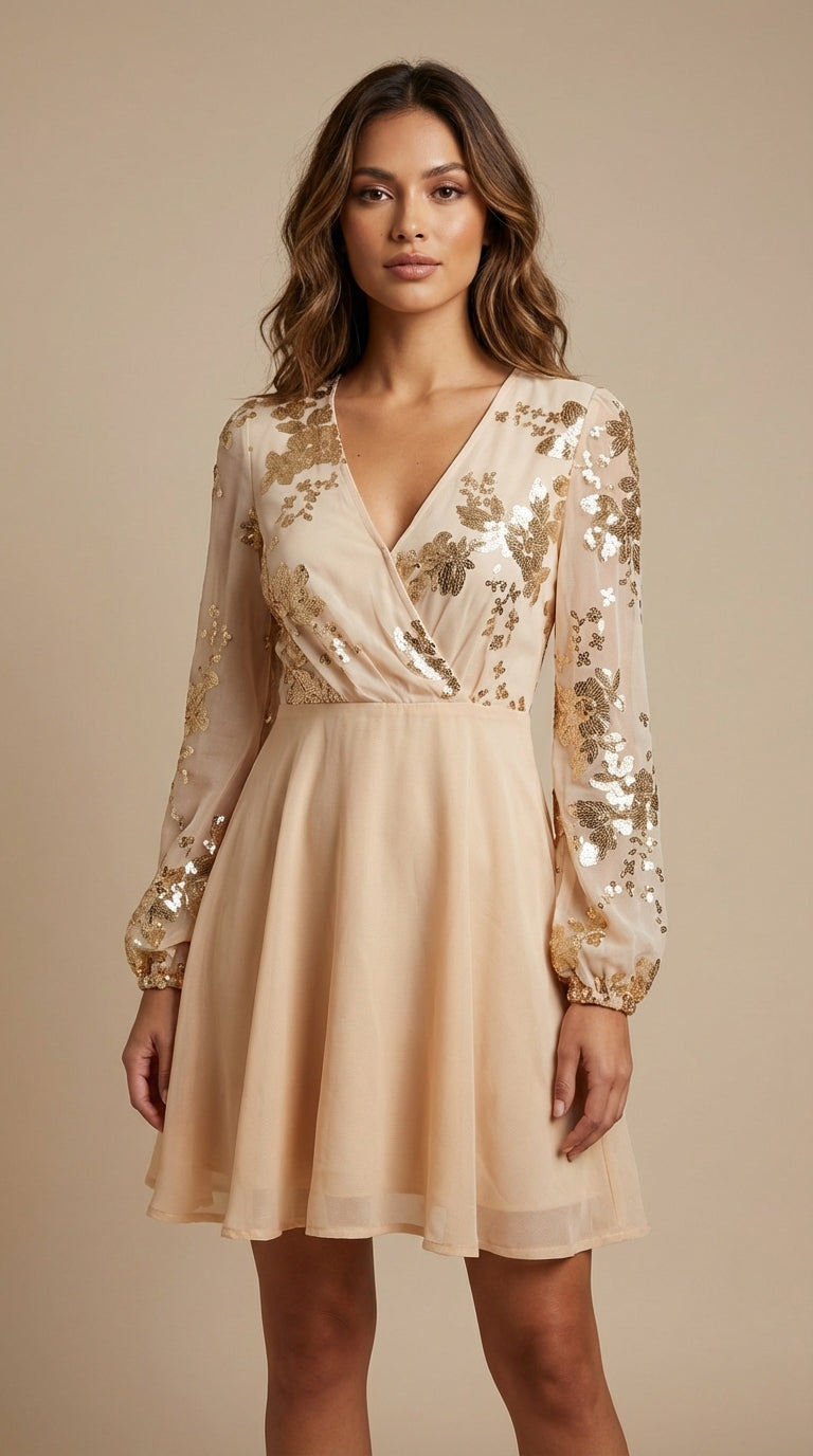 Vestido beige con aplicaciones doradas / UV22