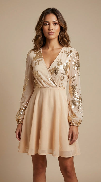 Vestido beige con aplicaciones doradas / UV22
