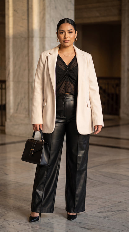 Blazer Blanco Elegante Clásico + Top Negro con arruche frontal y manga transparente + Pantalón palazzo negro elegante /OUTEV62