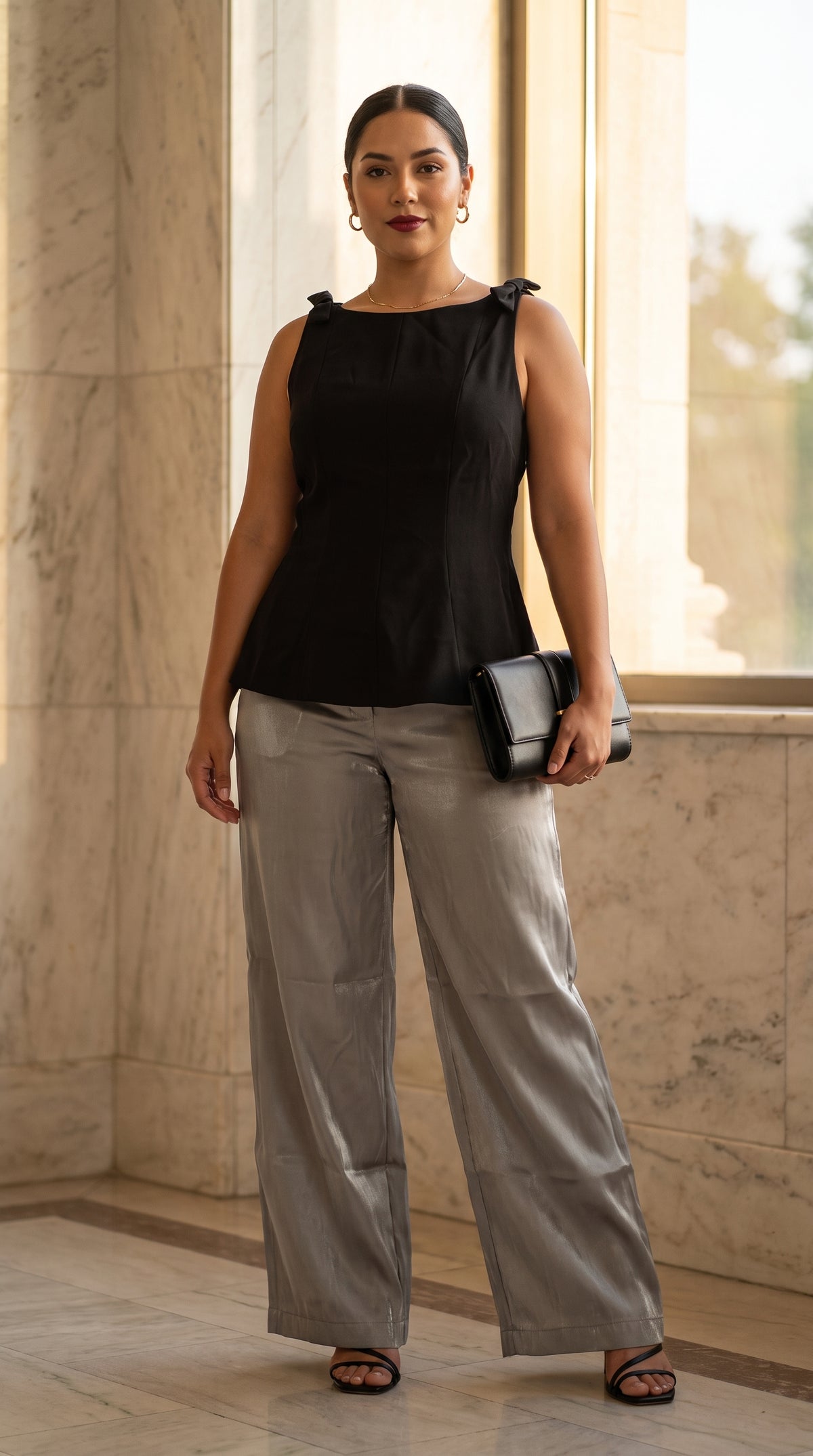 Blusa Negra con detalle en los tirantes + Pantalón palazzo plateado /OUTEV64