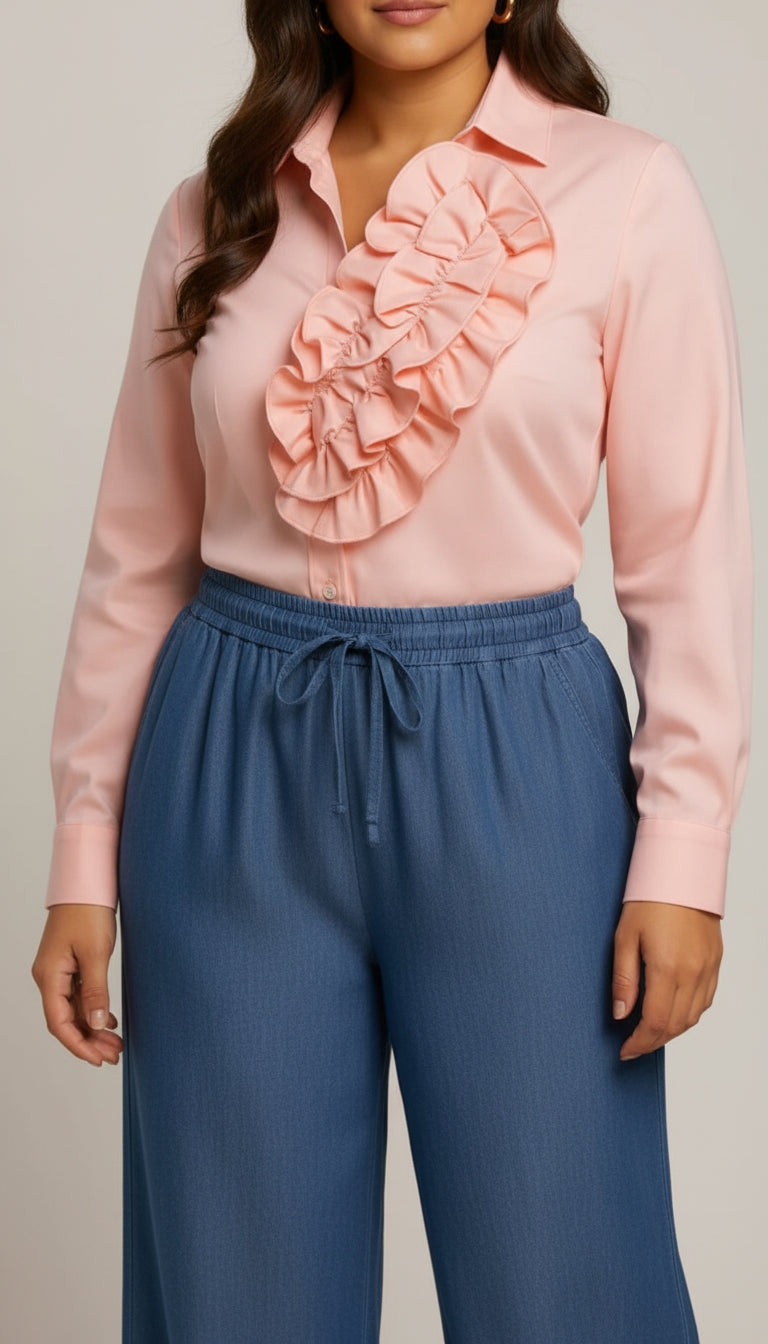 Blusa rosa pastel con volantes decorativos / AO129