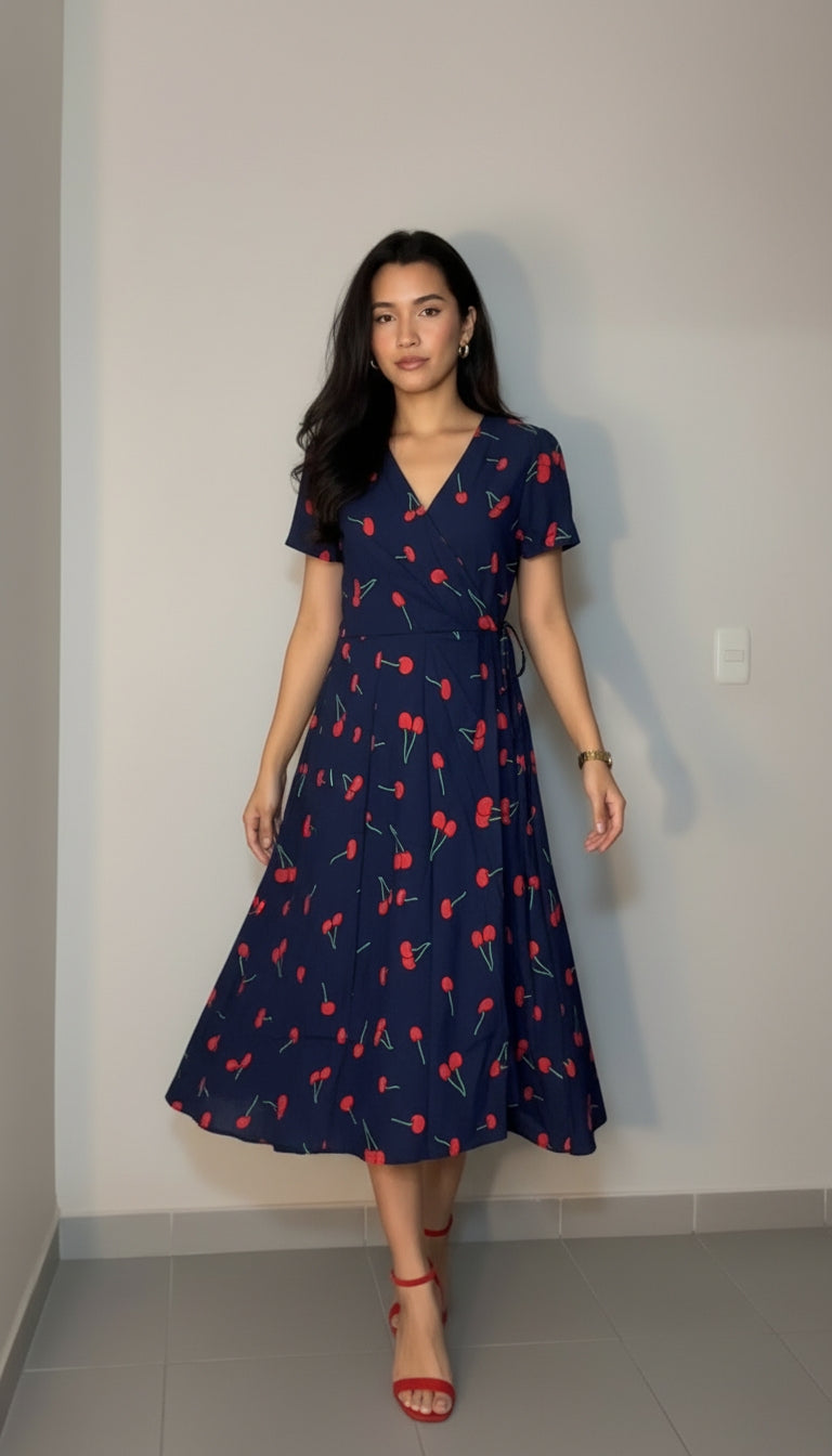 Vestido azul marino con cerezas/ANV03