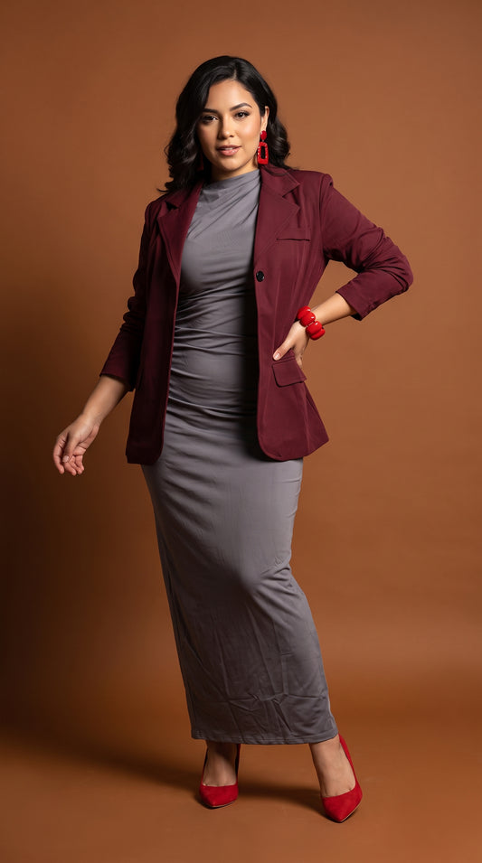 Vestido largo gris ajustado + Blazer Clásico Borgoña /OUTEV132