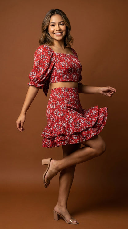 Conjunto rojo floral manga larga / ANS11
