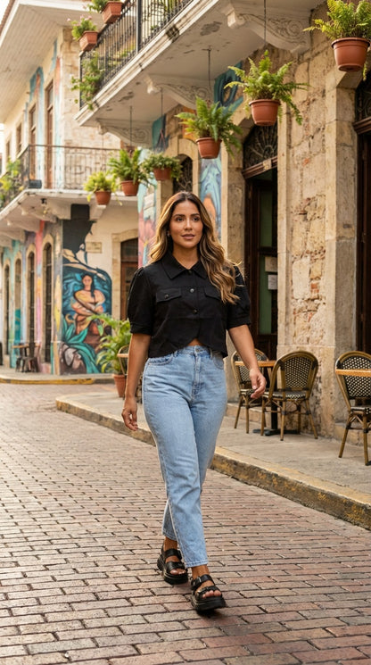 Camisa negra crop botones / L10A