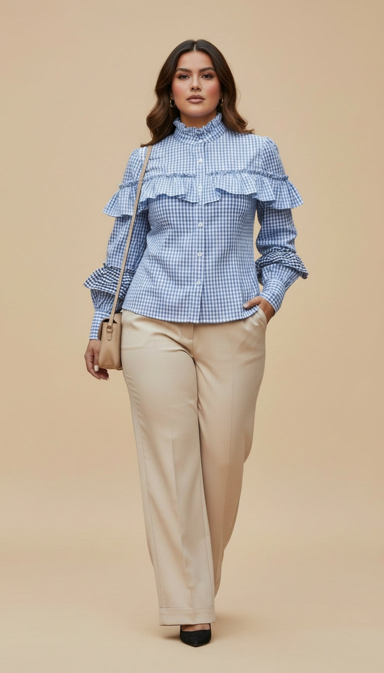 Blusa azul con cuadros y volantes/ AO69