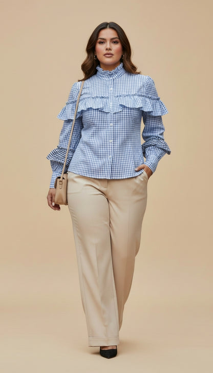 Blusa azul con cuadros y volantes/ AO69