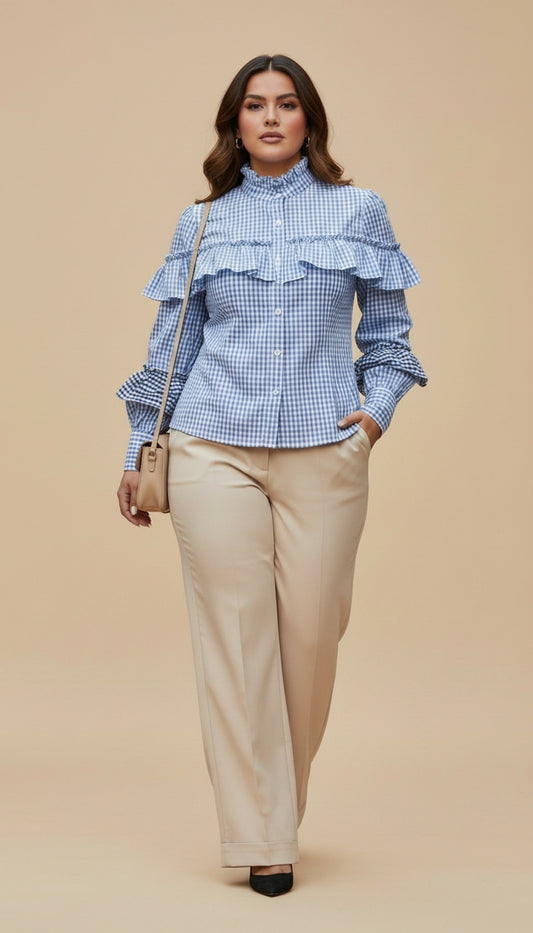Blusa azul con cuadros y volantes/ AO69