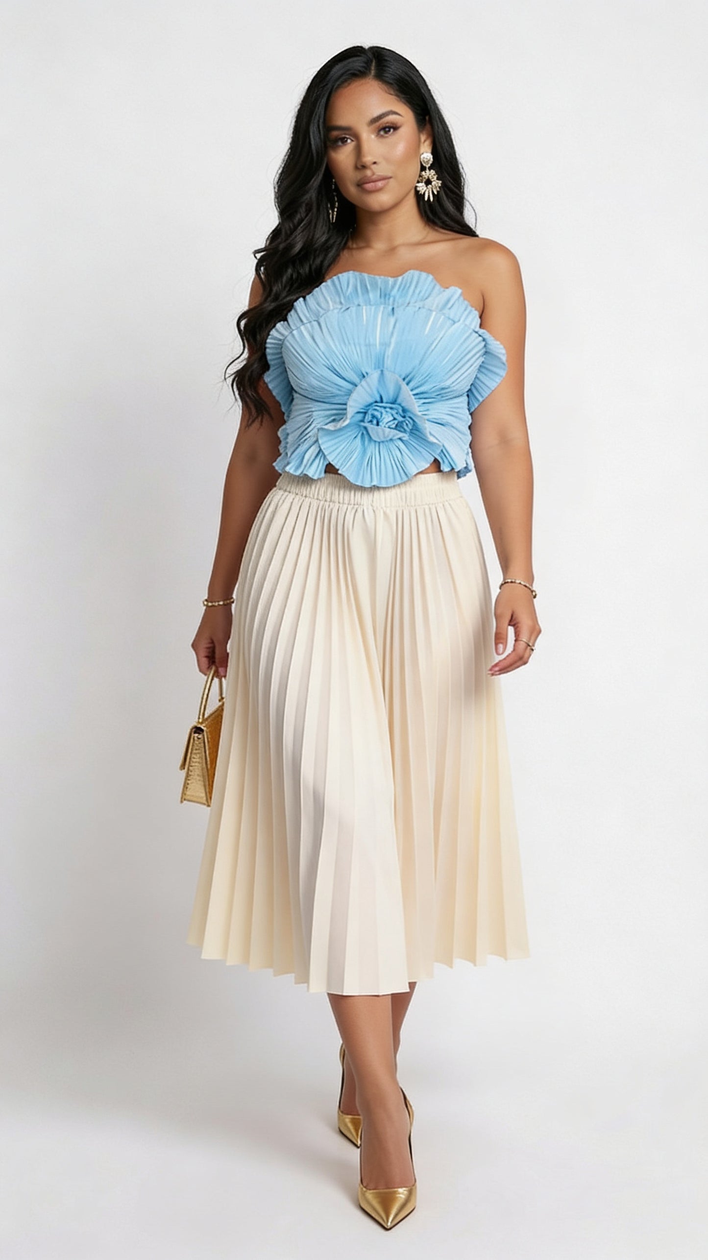 Conjunto Celeste Floral con Falda Midi / CUM15