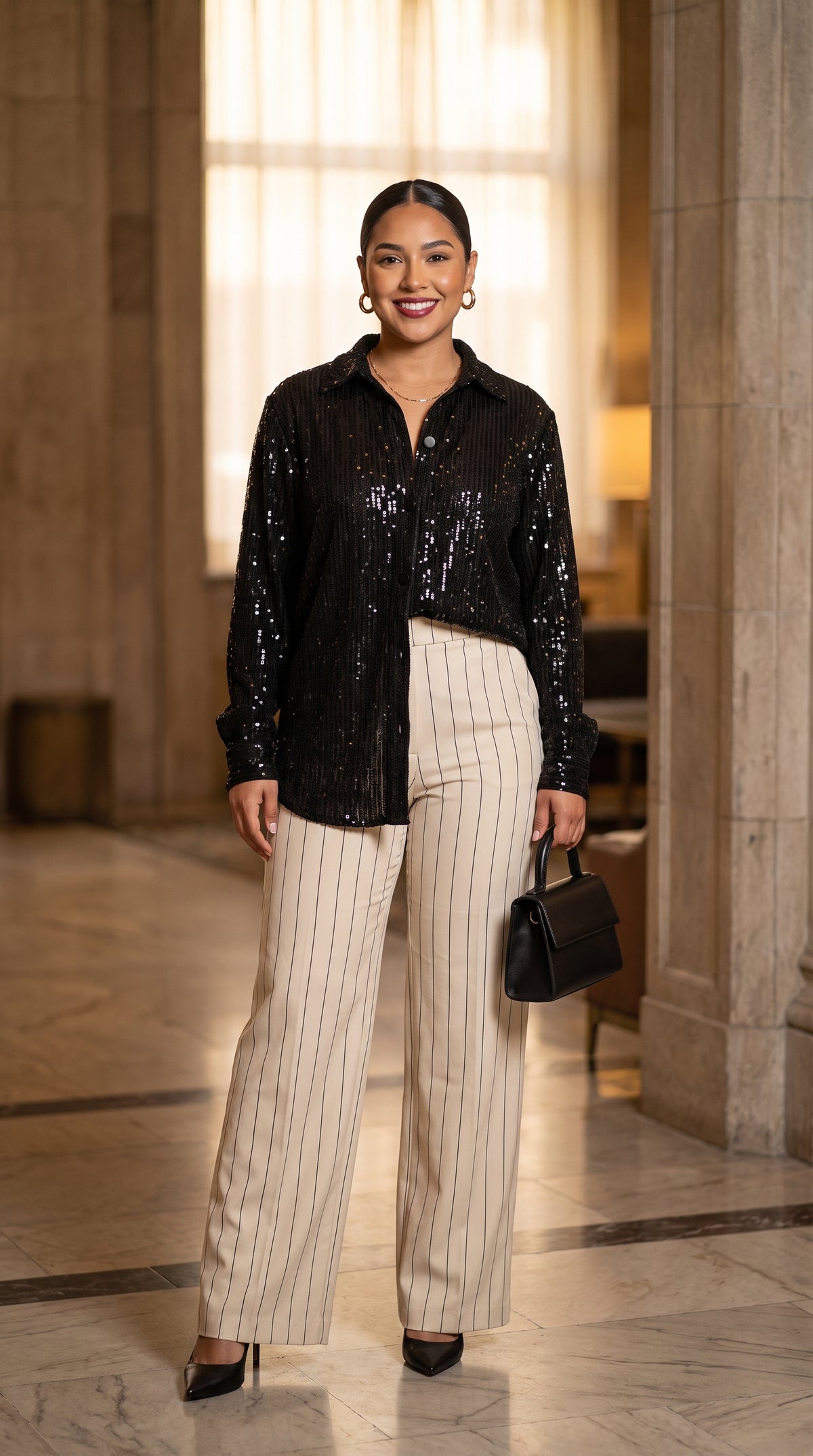 Blusa negra manga larga + Pantalón wide-leg rayado beige /OUTEV89