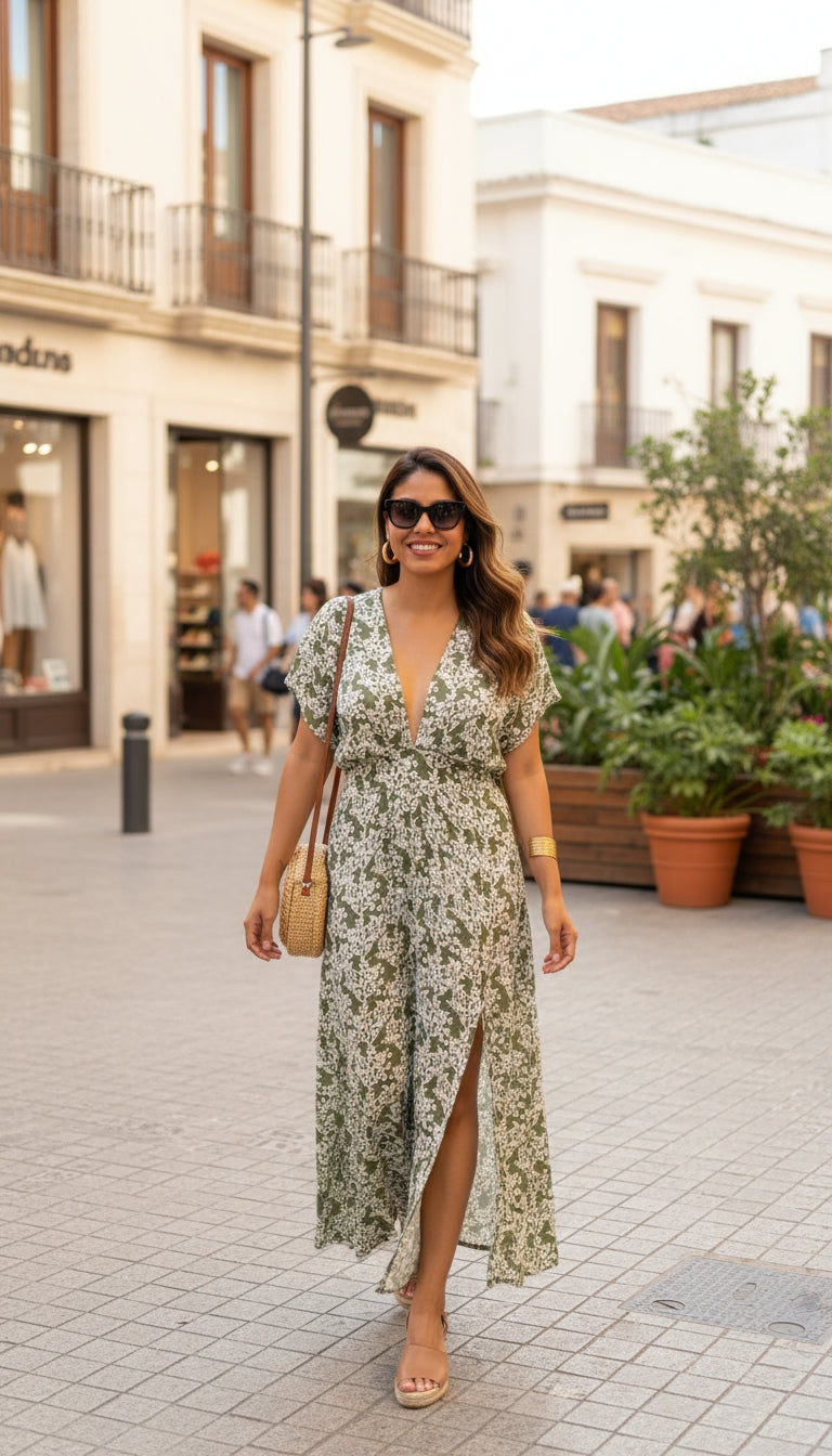 Vestido largo marrón floral con escote en V /ANV09