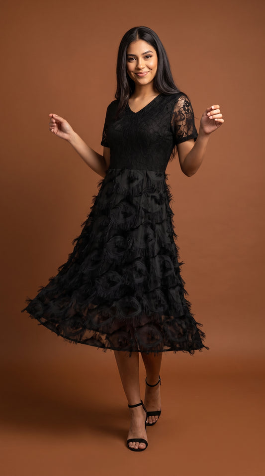 Vestido Negro Tul Elegante Fiesta / MV24