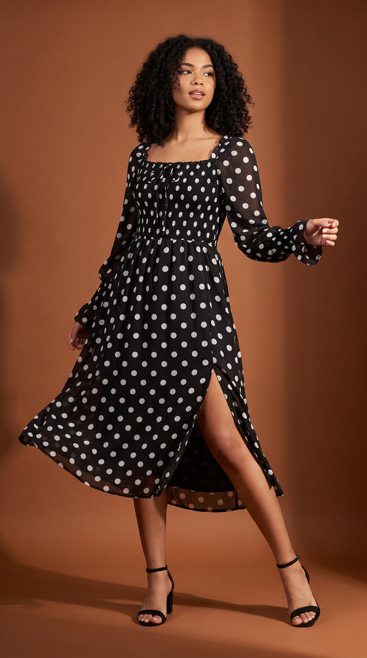 Vestido negro midi con lunares blancos /ANV06