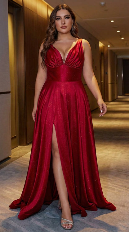 V440- D&M Vestido de fiesta de noche largo hasta el suelo con escote en V