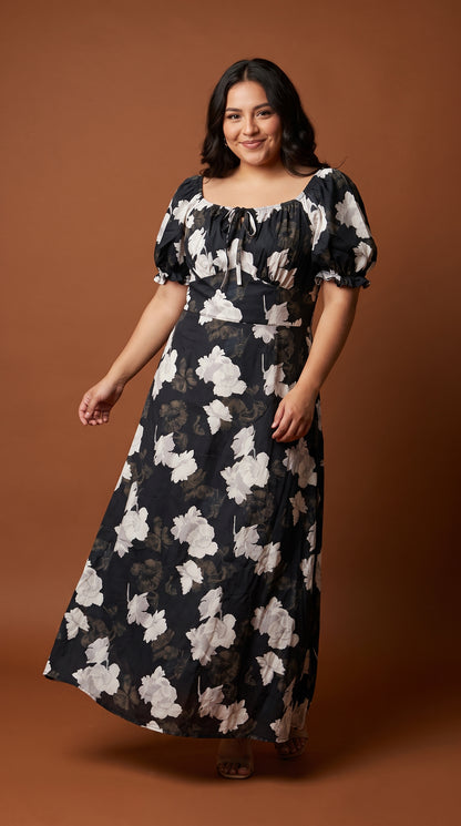 Vestido Negro Floral Maxi / L77A