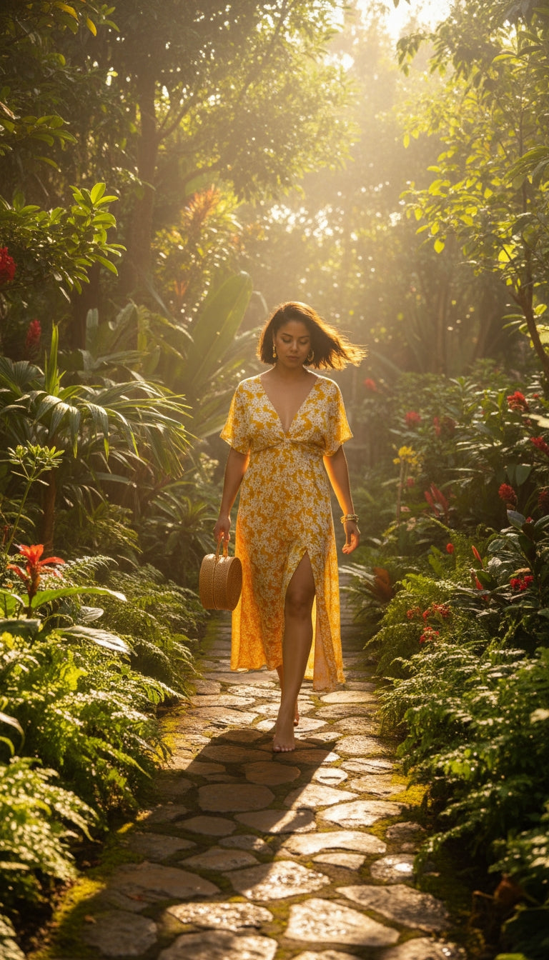 Vestido largo marrón floral con escote en V /ANV09