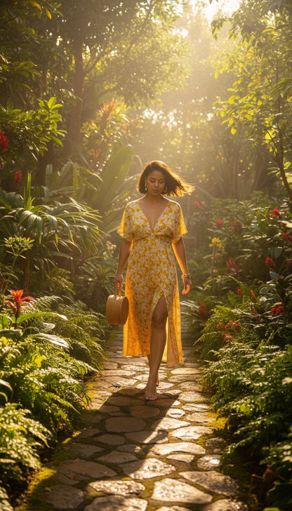 Vestido largo marrón floral con escote en V /ANV09