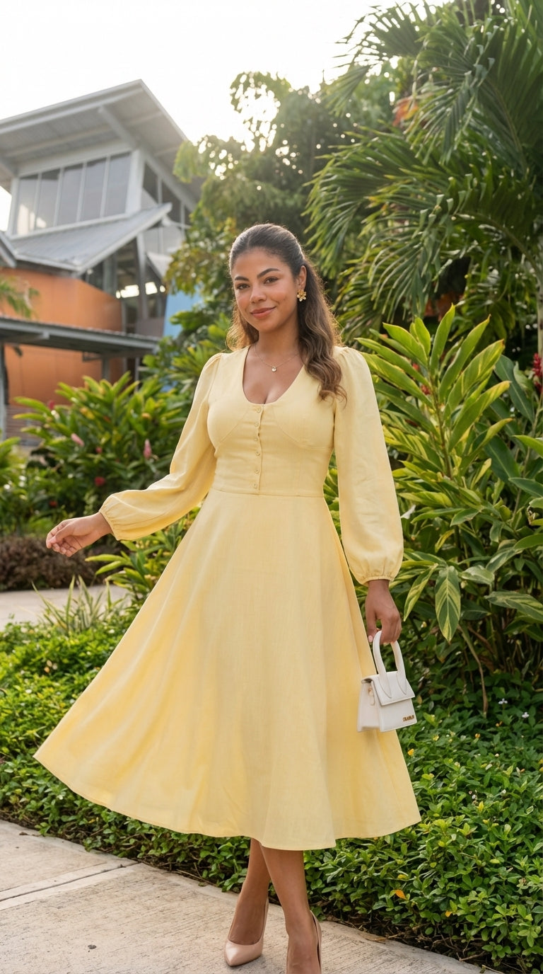 Vestido amarillo elegante corte A/ANV76