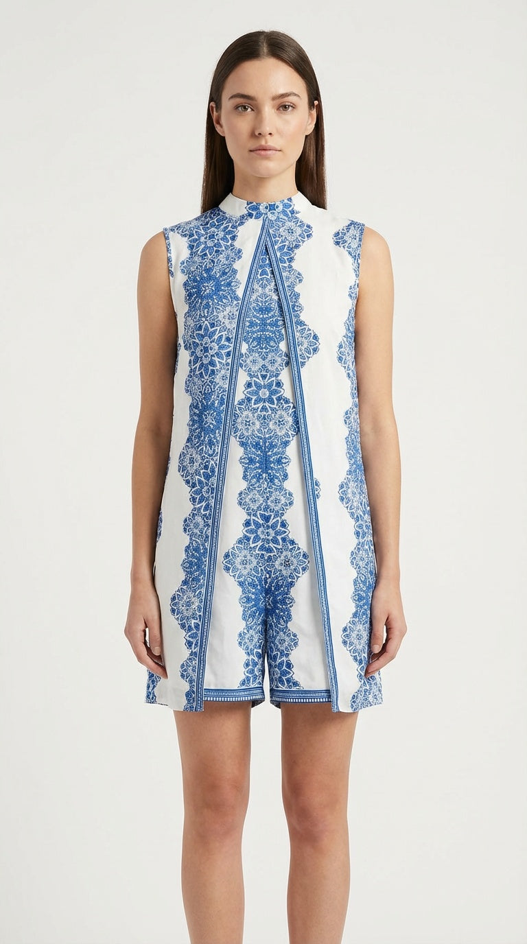 Vestido corto azul con estampado floral blanco /SH21