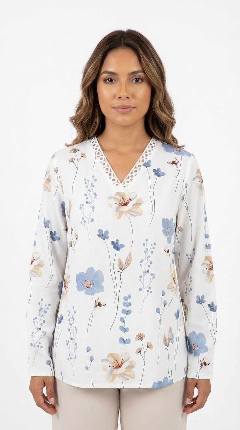 Blusa blanca floral manga larga / L44A