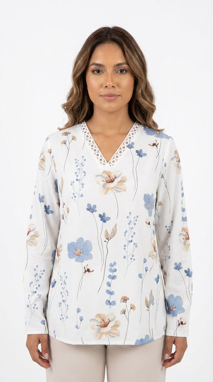 Blusa blanca floral manga larga / L44A