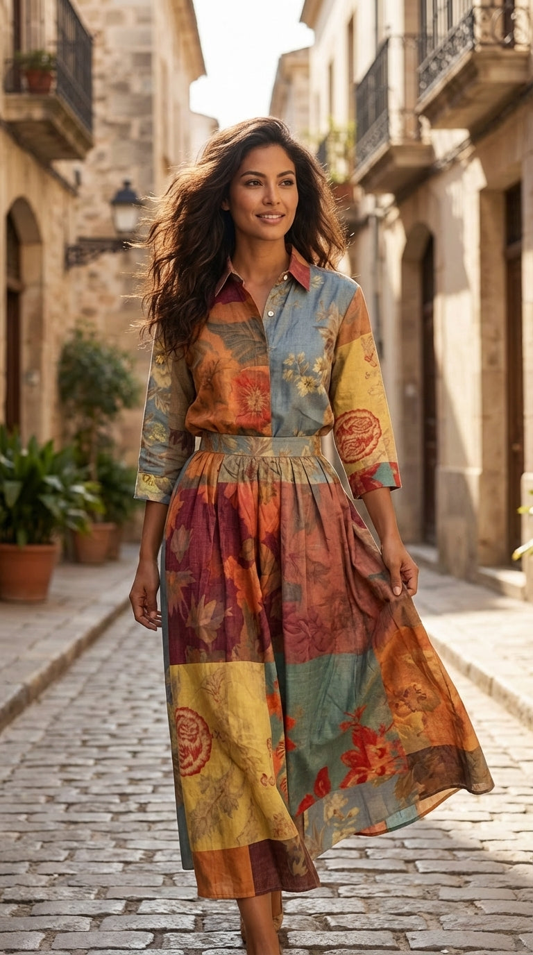Set Camisa y Falda Midi Estampado Artístico ANS15