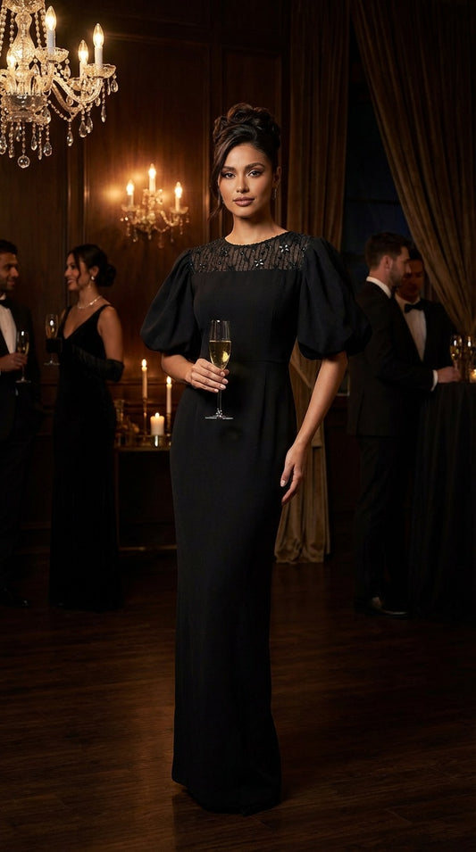 Vestido negro básico con mangas globo AOMEI / AO40