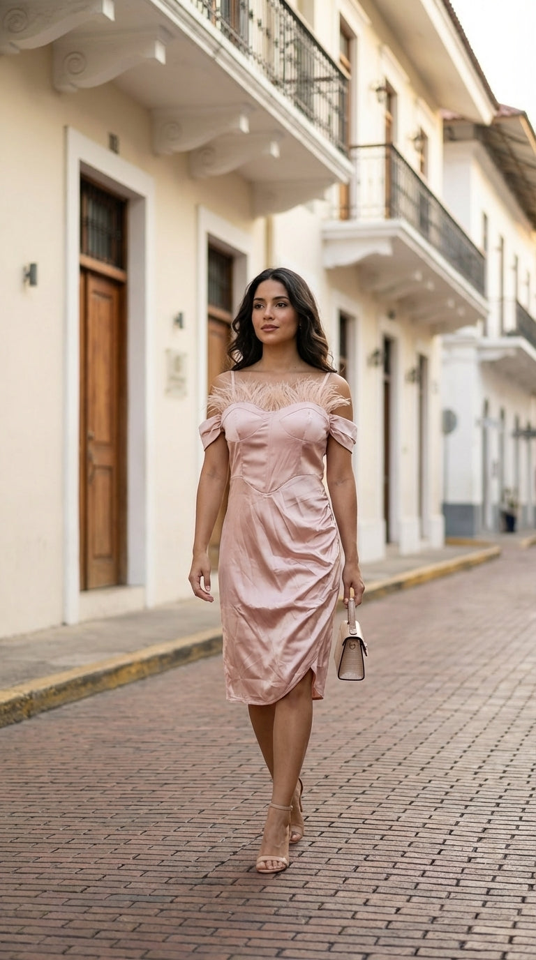 Vestido champán con plumas y escote corazón / UV6