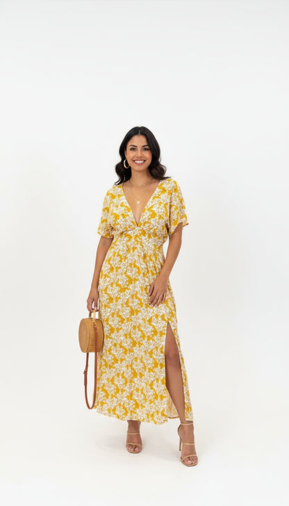 Vestido largo marrón floral con escote en V /ANV09