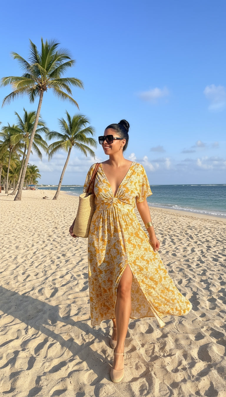 Vestido largo marrón floral con escote en V /ANV09