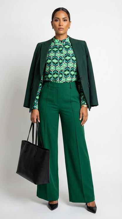 Outfit Oficina Set Ejecutivo – Busa Verde Estampada+ Pantalón Verde y Blazer