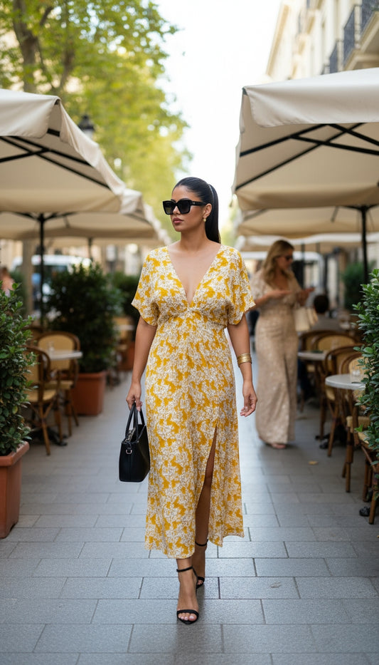 Vestido largo marrón floral con escote en V /ANV09