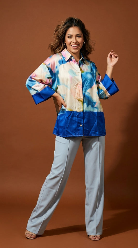 Outfit Oficina Busa Estampada+ Pantalón Azul / OUT13