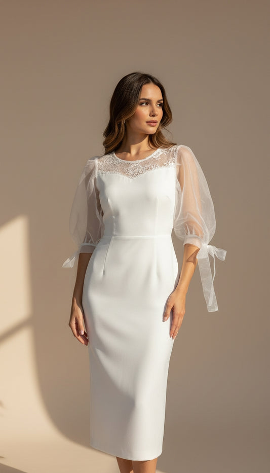 Vestido blanco con mangas de tul / AO106