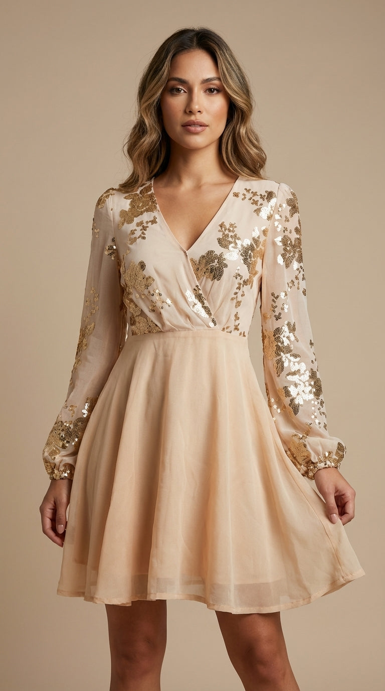 Vestido beige con aplicaciones doradas / UV22