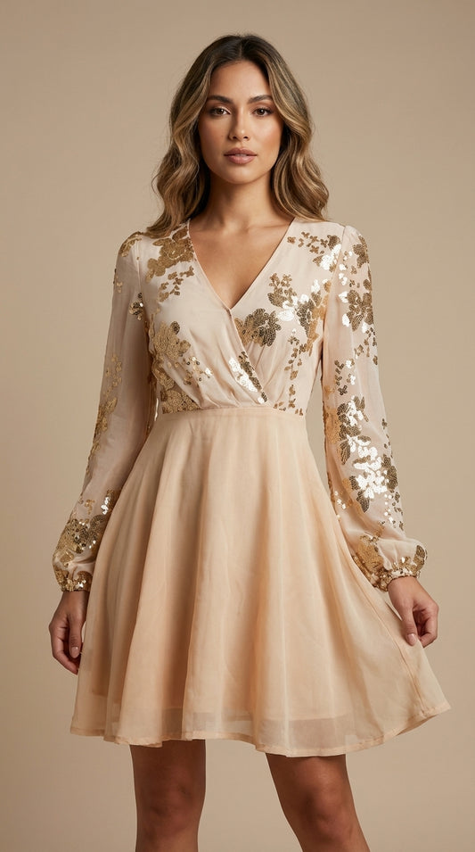 Vestido beige con aplicaciones doradas / UV22