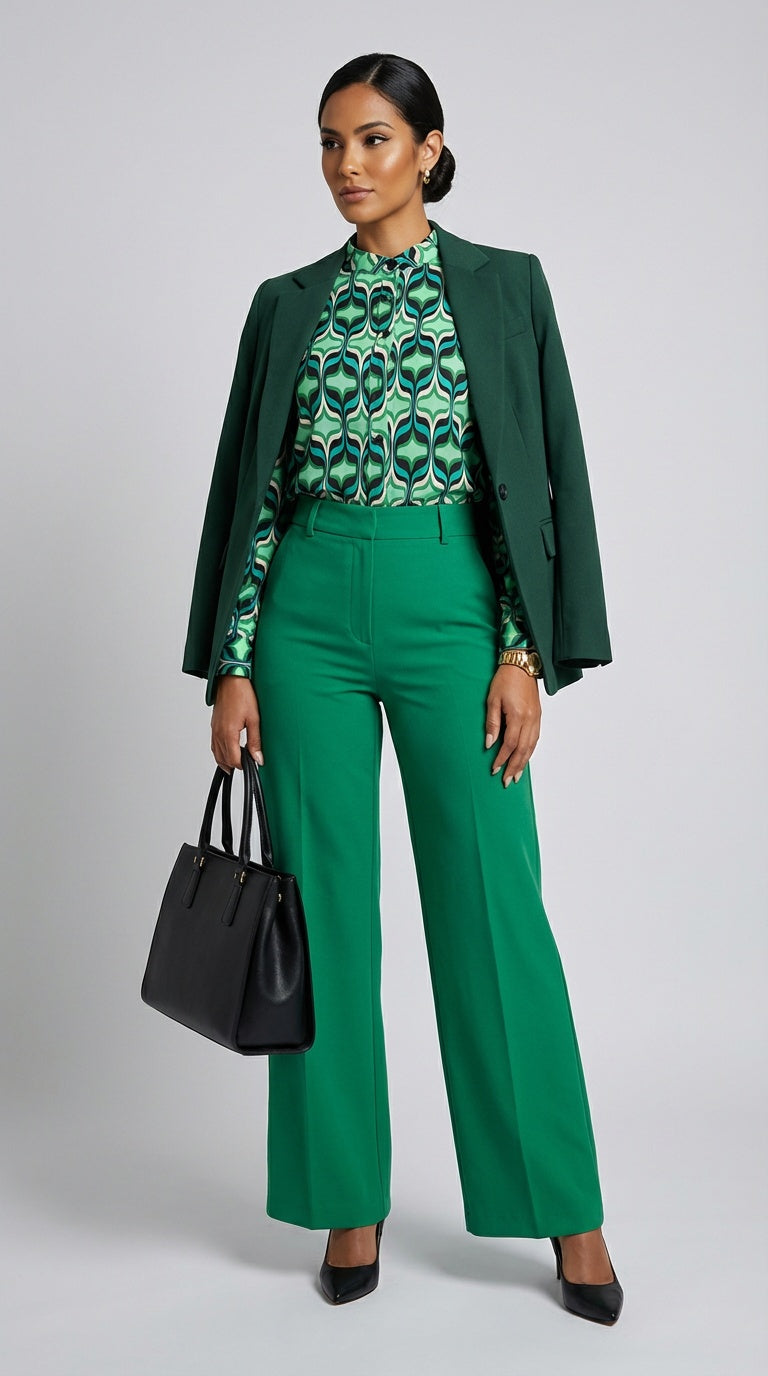 Outfit Oficina Set Ejecutivo – Busa Verde Estampada+ Pantalón Verde y Blazer