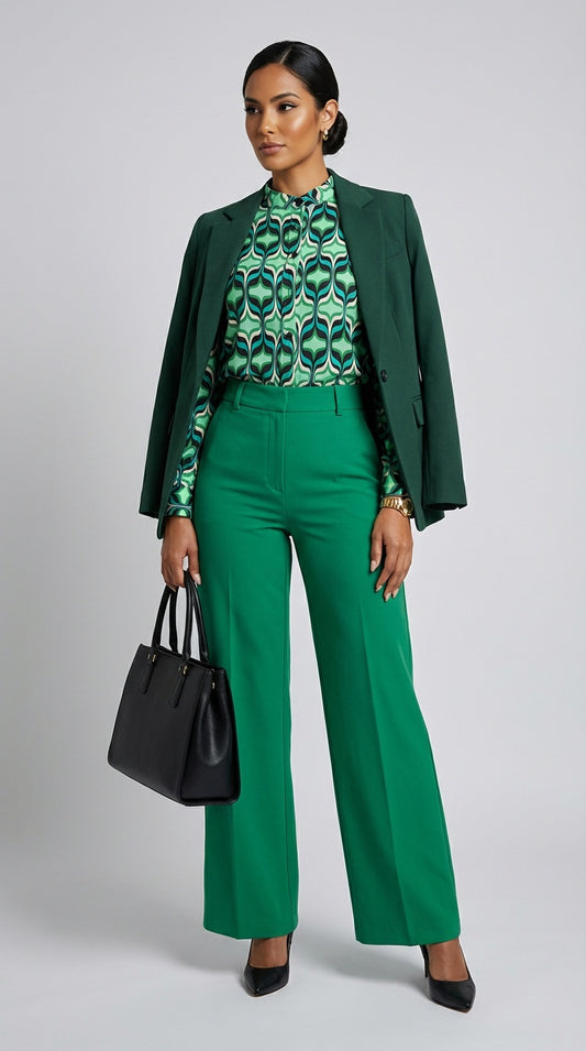 Outfit Oficina Set Ejecutivo – Busa Verde Estampada+ Pantalón Verde y Blazer