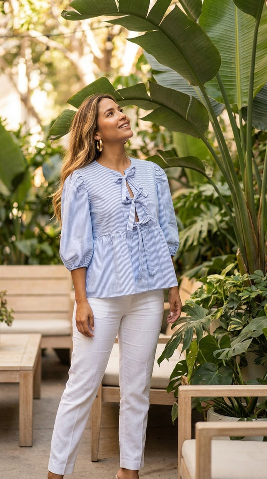 Blusa celeste manga corta lazo / ANB15