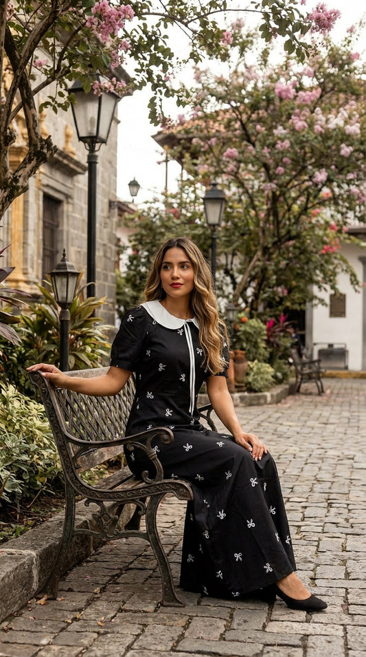Vestido negro midi estampado / L15A