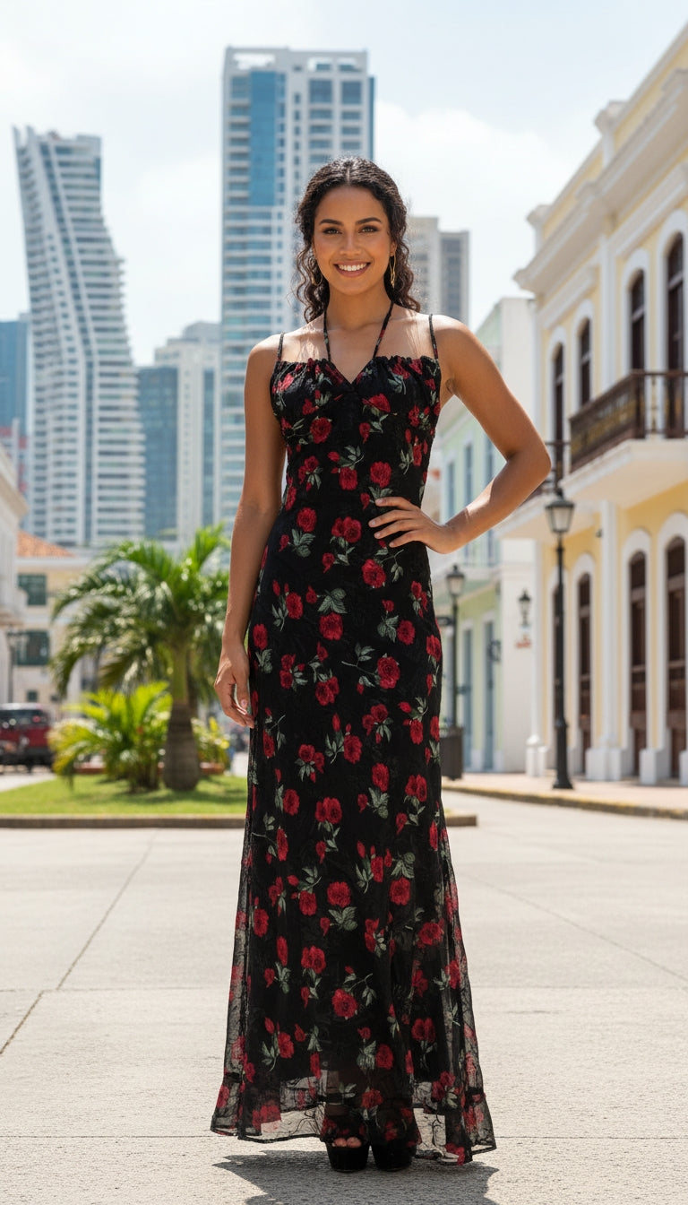 Vestido Negro Floral Ajustado / MV10