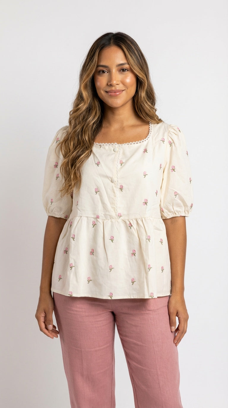 Blusa blanca peplum floral / L14A