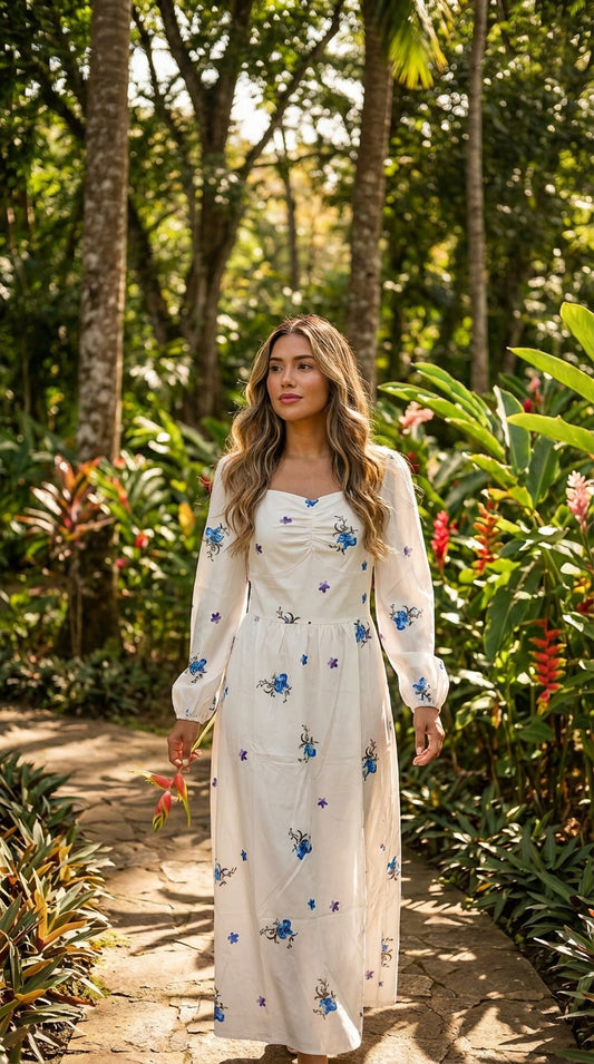 Vestido blanco largo floral / L8A