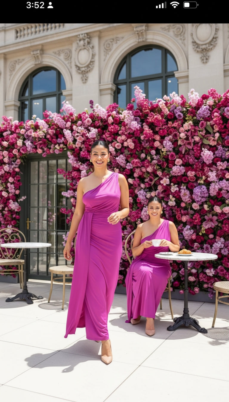 Vestido Fucsia Asimétrico de Un Solo Hombro/ ANV73