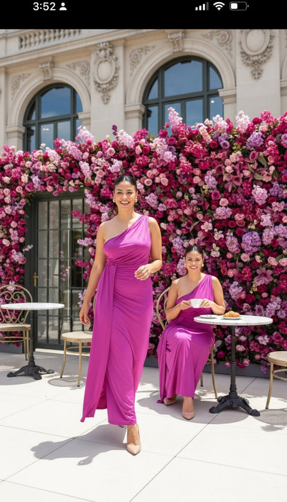 Vestido Fucsia Asimétrico de Un Solo Hombro/ ANV73