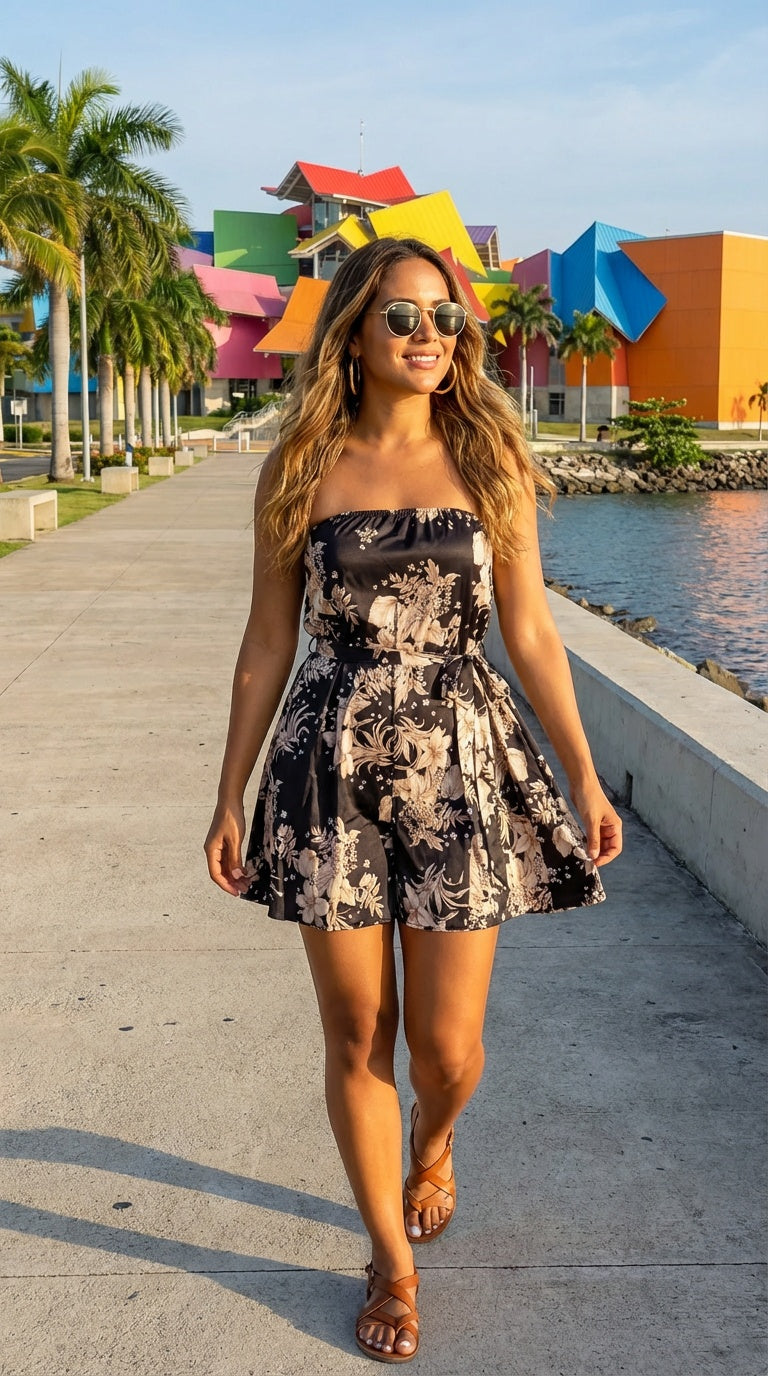 Enterizo negro strapless floral / L2A